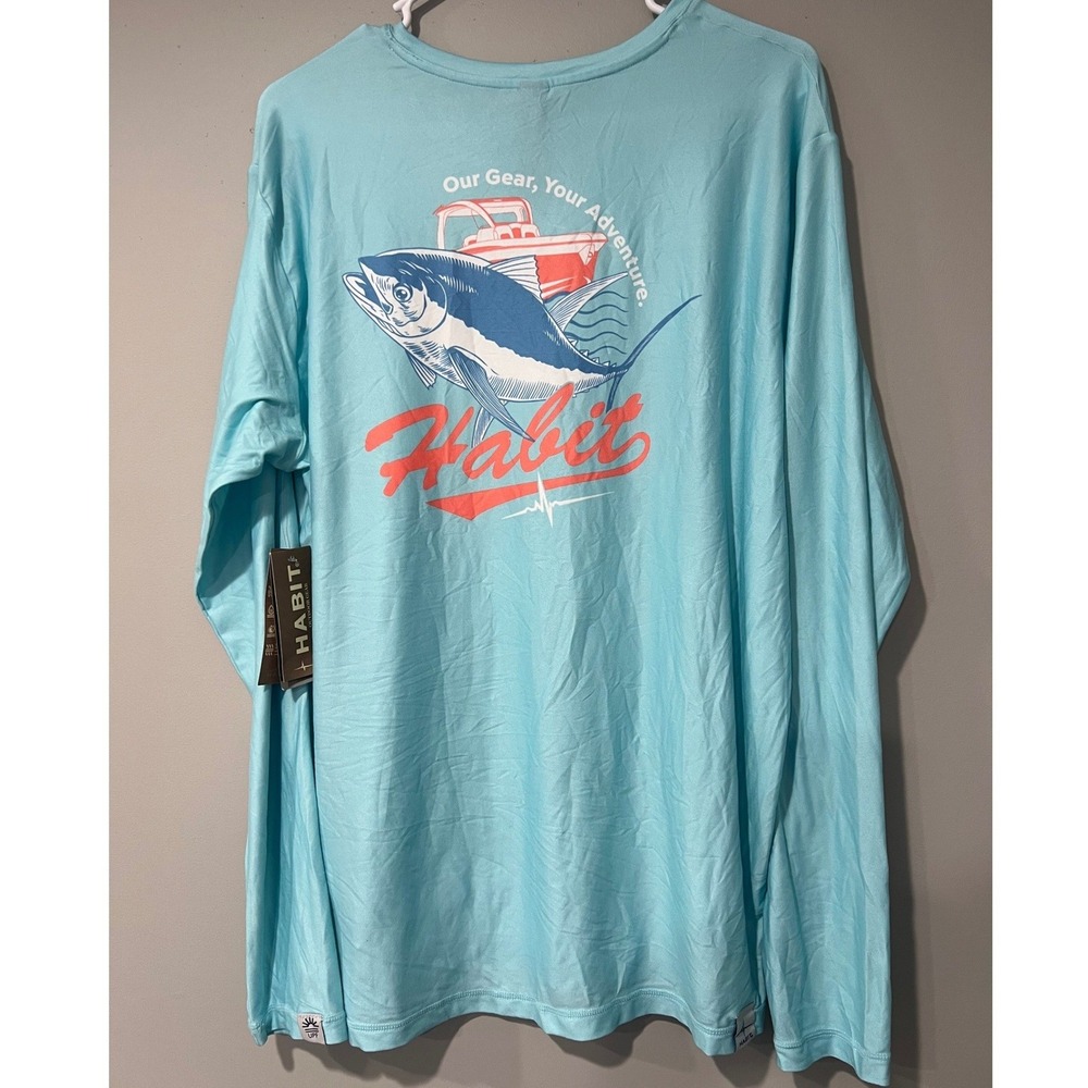 Habit Outdoor Gear Mens Fishing Shirt Blue UPF 50+ Solar Factor Tuna Graphic M